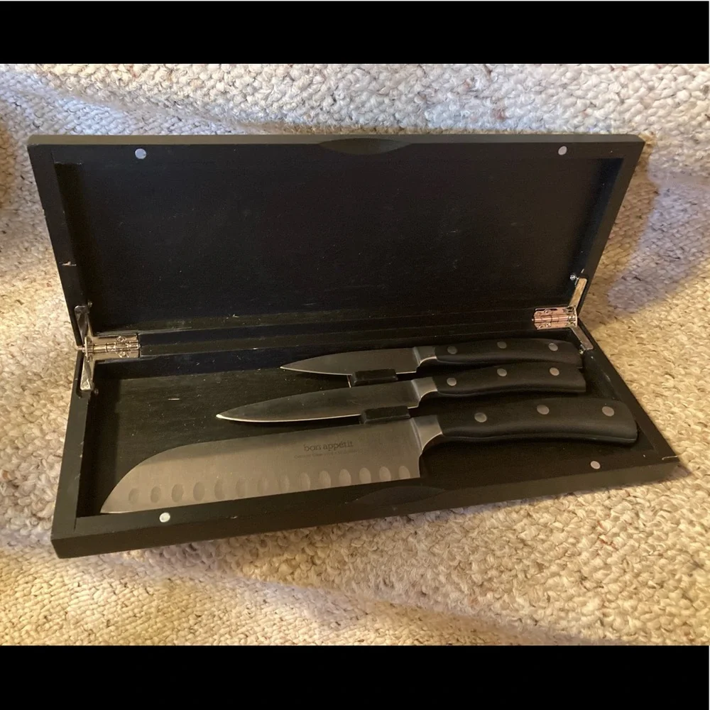 Bon Appetit 3-pc German Steel Cutlery Knives in Black Bamboo Case